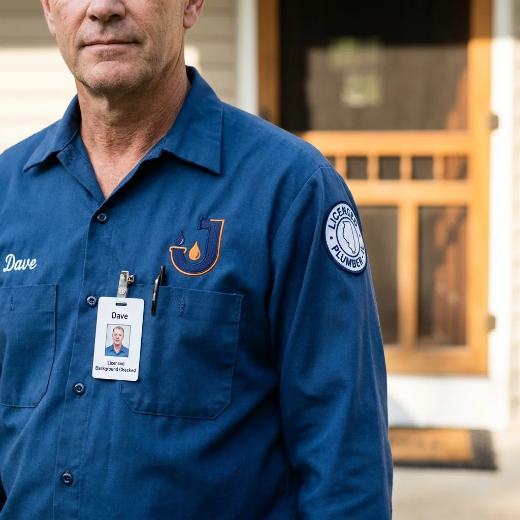 Licensed plumber showing ID badge in Fredericksburg, VA