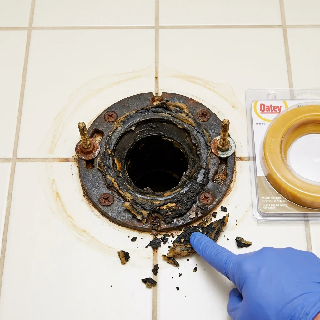Failed wax ring showing water seepage at the base of a toilet in a Fredericksburg, VA home
