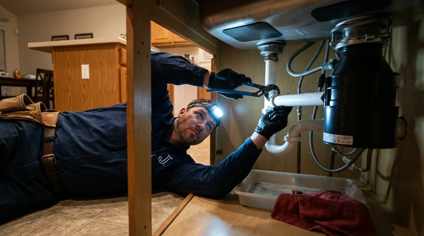P-trap and supply line connections under a kitchen sink showing a common leak point in Fredericksburg, VA